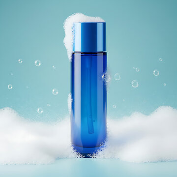 Blue Transparent Cosmetic Bottle Mockup with Foom Bubbles on Aqua Studio Background