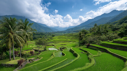 Rice field terrace landscape with green paddies and lush palm trees. Asian agriculture and nature scene for travel.