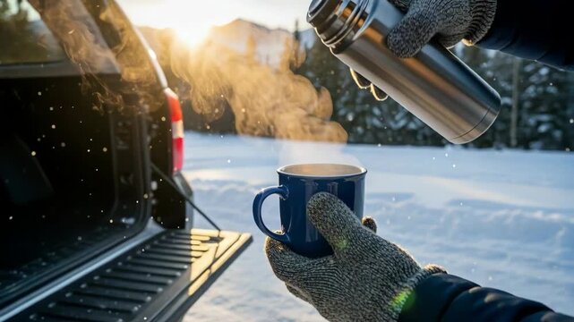 Gloved hands pouring hot tea from a thermos into a blue mug. Winter road trip break on a car tailgate with steam rising in the cold air