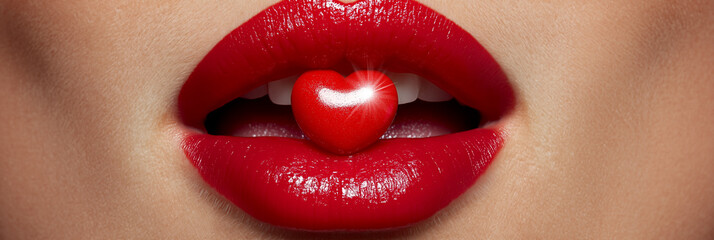 A Stunning Ultra-Detailed Close-Up of Female Sensual Red Lips Holding a Shiny Heart Pill, Symbolizing Love, Desire and Emotional Need in a Hyper-Realistic Romantic Concept. Generative Ai.