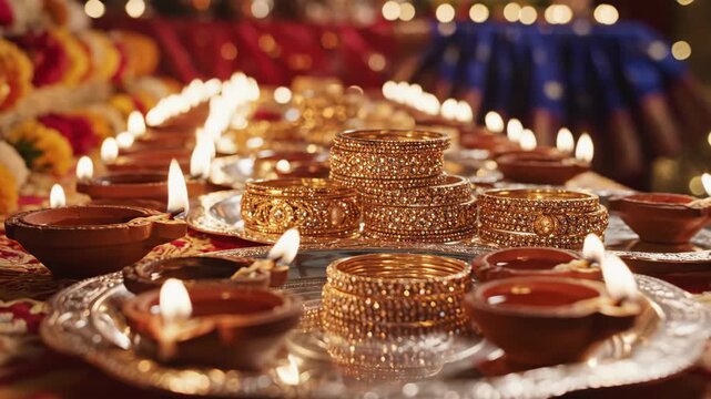 Elegant display of traditional Indian gold jewelry including bangles and bracelets with diya lamps and floral decorations for festive celebration