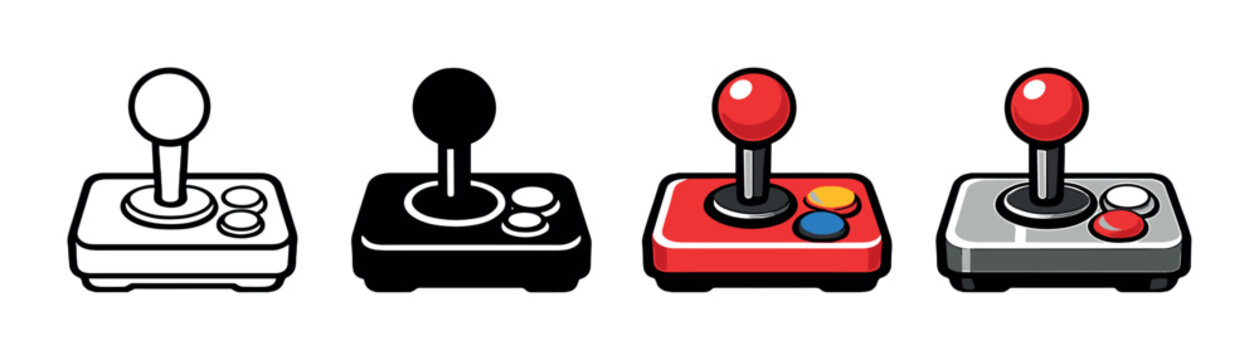 Vintage joystick collection: retro gaming controllers in black, red, white, silver