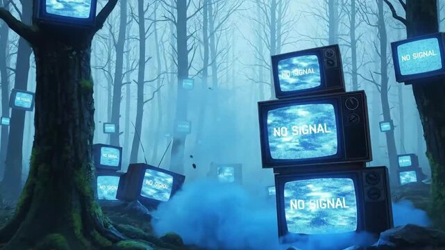 Futuristic Forest Ambiance with Vintage Televisions Displaying No Signal Against a Misty Blue Background