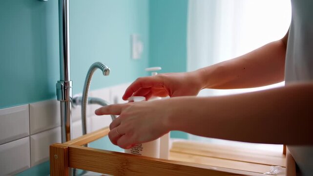 Hands preparing a white shampoo bottle near bathroom faucet and tiles