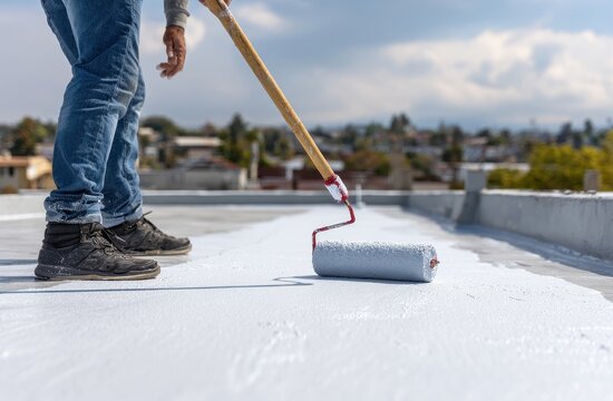 Professional roof expert applying weather-resistant white coating to a rooftop.