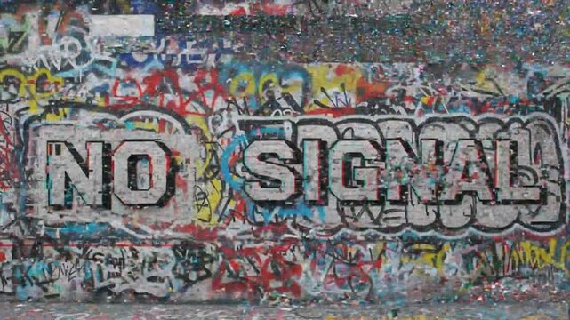 Urban graffiti art with vibrant colors and a prominent 'No Signal' message on a weathered wall showcasing street culture and