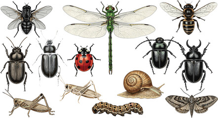 Detailed vintage entomology vector collection featuring realistic insects like dragonfly ladybug bee beetles grasshopper snail caterpillar and moth for scientific educational and nature designs. © MdEmdadul