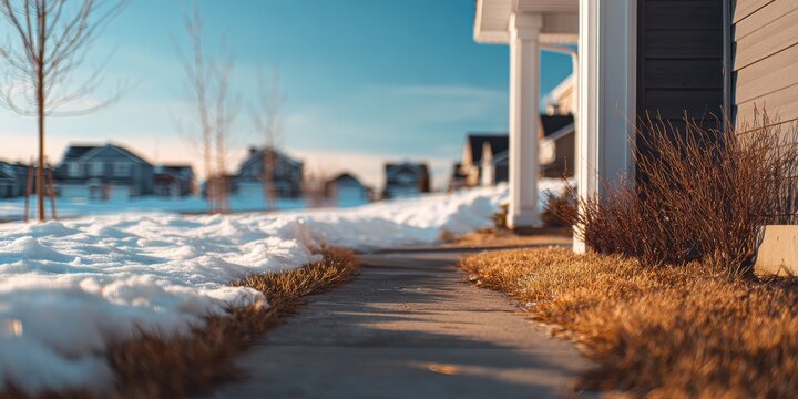 Freshly cleared sidewalk in a modern residential neighborhood after winter snow