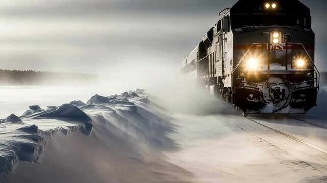 Powerful locomotive train in a winter snowstorm. Bright headlights cutting through swirling snowdrifts. Extreme weather travel and transportation concept