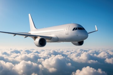 Obraz premium Airplane in flight above a fluffy cloudscape against a bright blue sky. Illustrates travel, transportation, tourism, and aviation concepts.