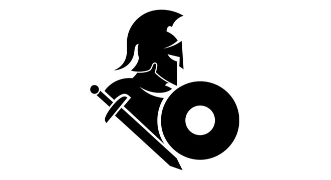 Ancient Greek or Roman warrior silhouette with sword and shield.