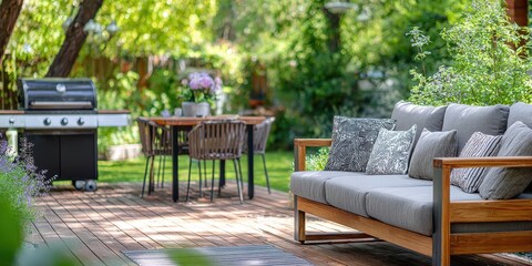 Fototapeta premium Modern Backyard Deck Ready for Summer Season Entertainment and Relaxation