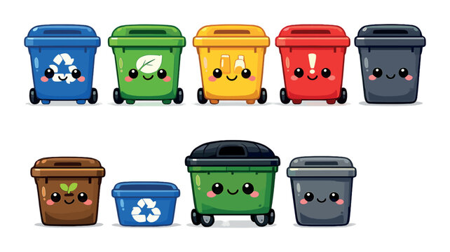 Cute cartoon recycling bins with faces in various colors and designs