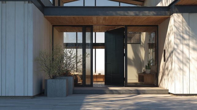 Modern house entrance with open pivot door and minimalist exterior design