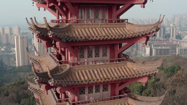 Ancient Chinese Pagoda with City Skyline Aerial View