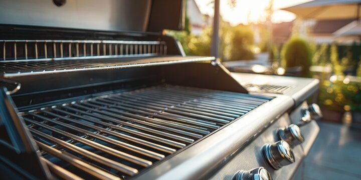 Modern stainless steel gas grill in a clean backyard BBQ area.