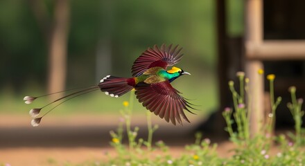 A beautiful bird of paradise in elegant flight with maroon feathers.