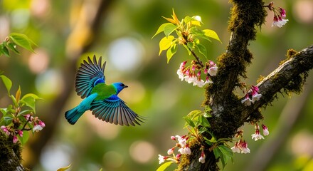 A beautiful blue and green tanager flies near a blossoming tree branch.