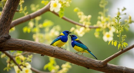 Two colorful tanagers share a sweet moment on a flowering branch.