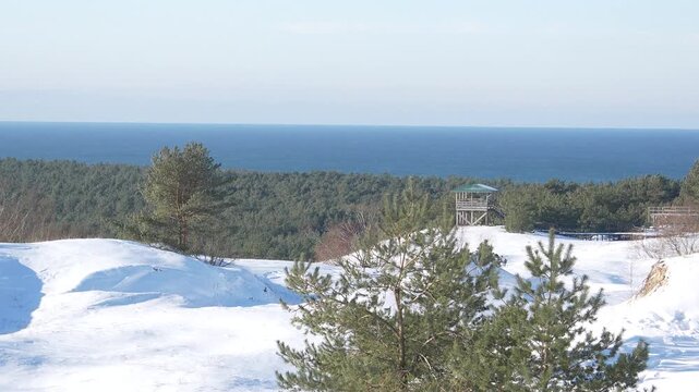 Kaliningrad landmarks. Efa Dune in winter, a popular vantage point overlooking the Baltic Sea in winter, with the sand dunes covered in snow.