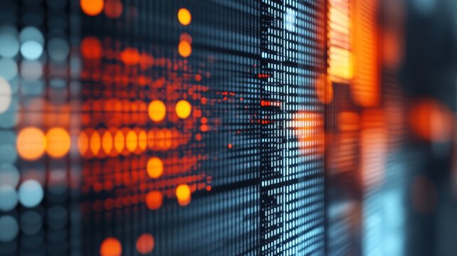 Abstract digital data stream visualized with glowing orange lights and intricate patterns.