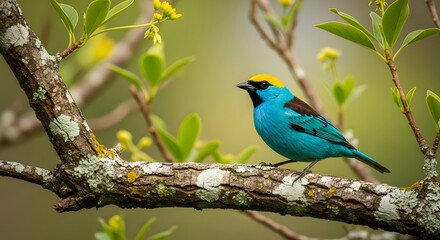 A charming blue and yellow tanager with a black mask sits on a branch.