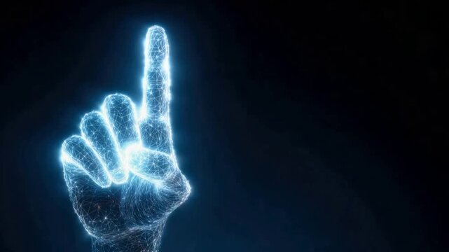 Digital Hand Gesture: A glowing digital hand, its index finger raised in a gesture of unity, achievement or number one, against a dark backdrop.