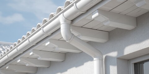 Clean White Gutters and Drainage System on a Residential Roof