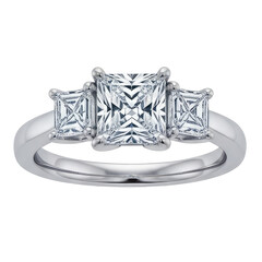 A white gold engagement ring with a princess-cut center diamond and baguette side stones.