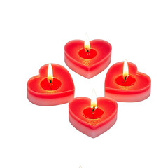 Four red heart-shaped candles with lit flames on a png transparent