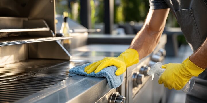 Person in yellow gloves diligently cleaning a stainless steel outdoor kitchen grill.