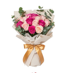 A bouquet of pink and purple roses with eucalyptus leaves, wrapped in white tissue paper with a gold ribbon bow.