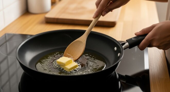 Person melting butter in a frying pan on a stovetop with a wooden spoon