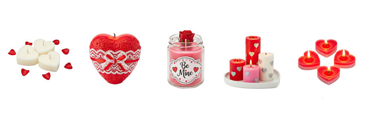A collection of Valentine's Day-themed candles and heart-shaped decorations.