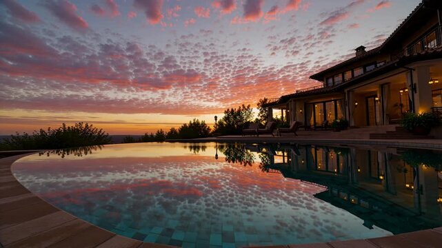 A luxurious modern mansion with a sprawling infinity pool beautifully reflects the vibrant, colorful sunset sky adorned with scattered clouds, creating a breathtaking vista of sheer opulence and tranq