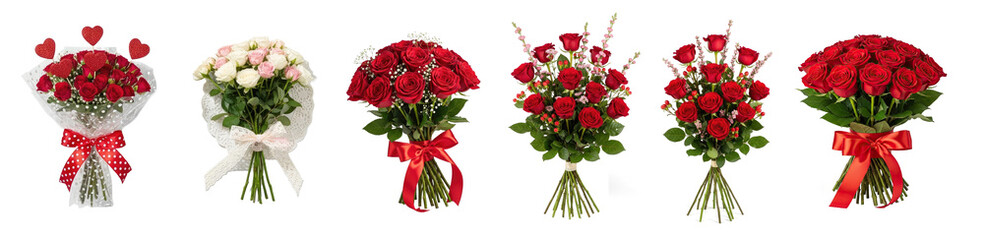 A variety of red roses arranged in bouquets with ribbons and hearts on a png transparent