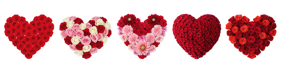 A collection of heart-shaped floral arrangements in various colors and styles.