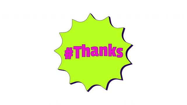 Hashtag thanks acid rave starburst sticker animated loop. Thank you. Retro comic gratitude online. Badge label animation. Social media reels overlay. 4K video element. Playful motion graphics
