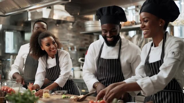 African American chefs teach cooking skills in a vibrant kitchen setting during a lively culinary workshop focused on healthy meal preparation and teamwork