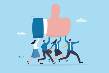 Obraz na płótnie Canvas Team achievement, work together to success, professional coworker teamwork, corporate excellent thumb up award, motivation to succeed, business people coworker carrying thumb up winner achievement.