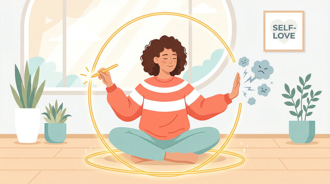 Woman creating a protective bubble around herself to block negative energy and emotions