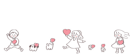 子供たちと犬猫ひよこの可愛い横長の背景テンプレート © FukuchiFactory