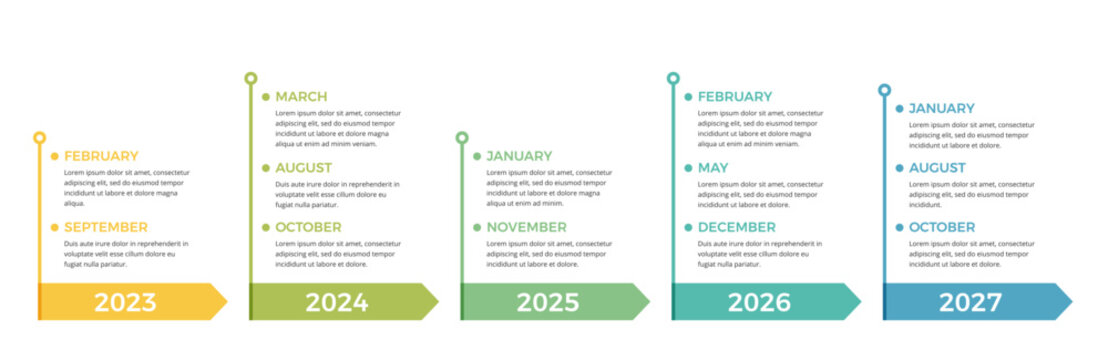 Horizontal timeline infographic template with five arrows