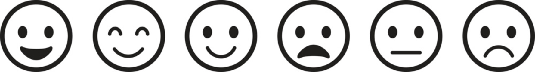 Emoji Mood and Sentiment Icon Set - Minimalist Black Outline Emoticons for Customer Feedback Survey and User Experience Rating Vector Illustration