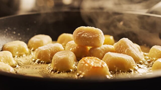 Golden butter melts and vigorously sizzles in a hot black non-stick frying pan, capturing the intense heat and preparation of a gourmet meal