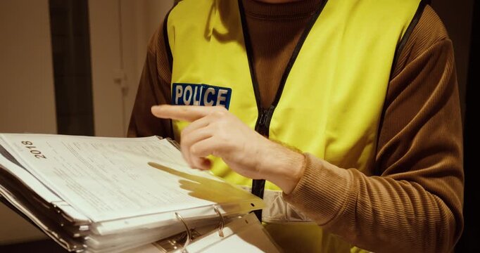 Close-up of an economic crime police officer wearing a safety vest while reading and pointing at a case file. Concept of investigation, financial crime, law enforcement documentation, and official rev