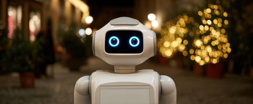welcoming sentient social robot greeter with a friendly and engaging demeanor
