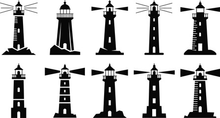 Obraz premium Lighthouse Silhouette Icons Set with Light Beams Coastal Beacon Towers and Maritime Navigation