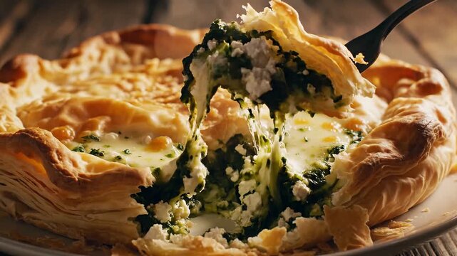 A close-up shot captures a silver fork sinking into the flaky golden crust of a rustic puff pastry galette filled with creamy spinach and melted cheese