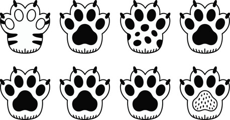 Obraz premium Cute Animal Paw Print Line Icons Set with Cartoon Cat Dog and Tiger Footprints